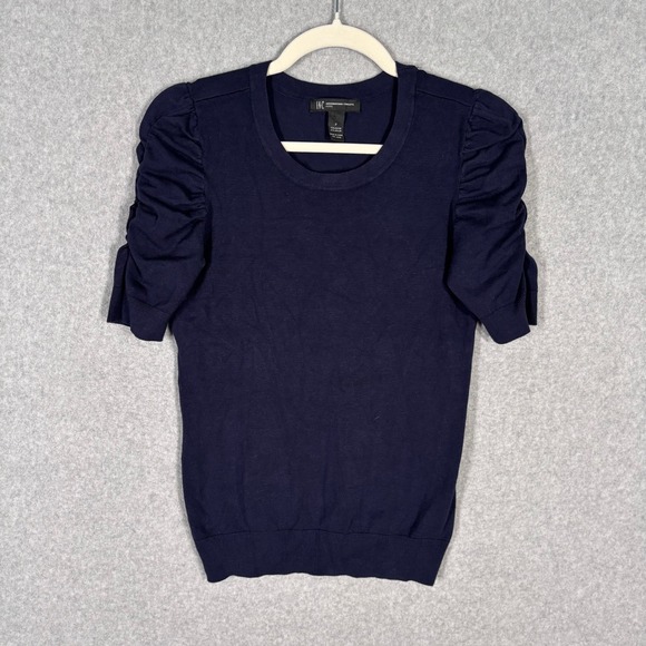 INC International Concepts Sweater Small Petite Navy Ruched Sleeve Soft Academia - Picture 1 of 10